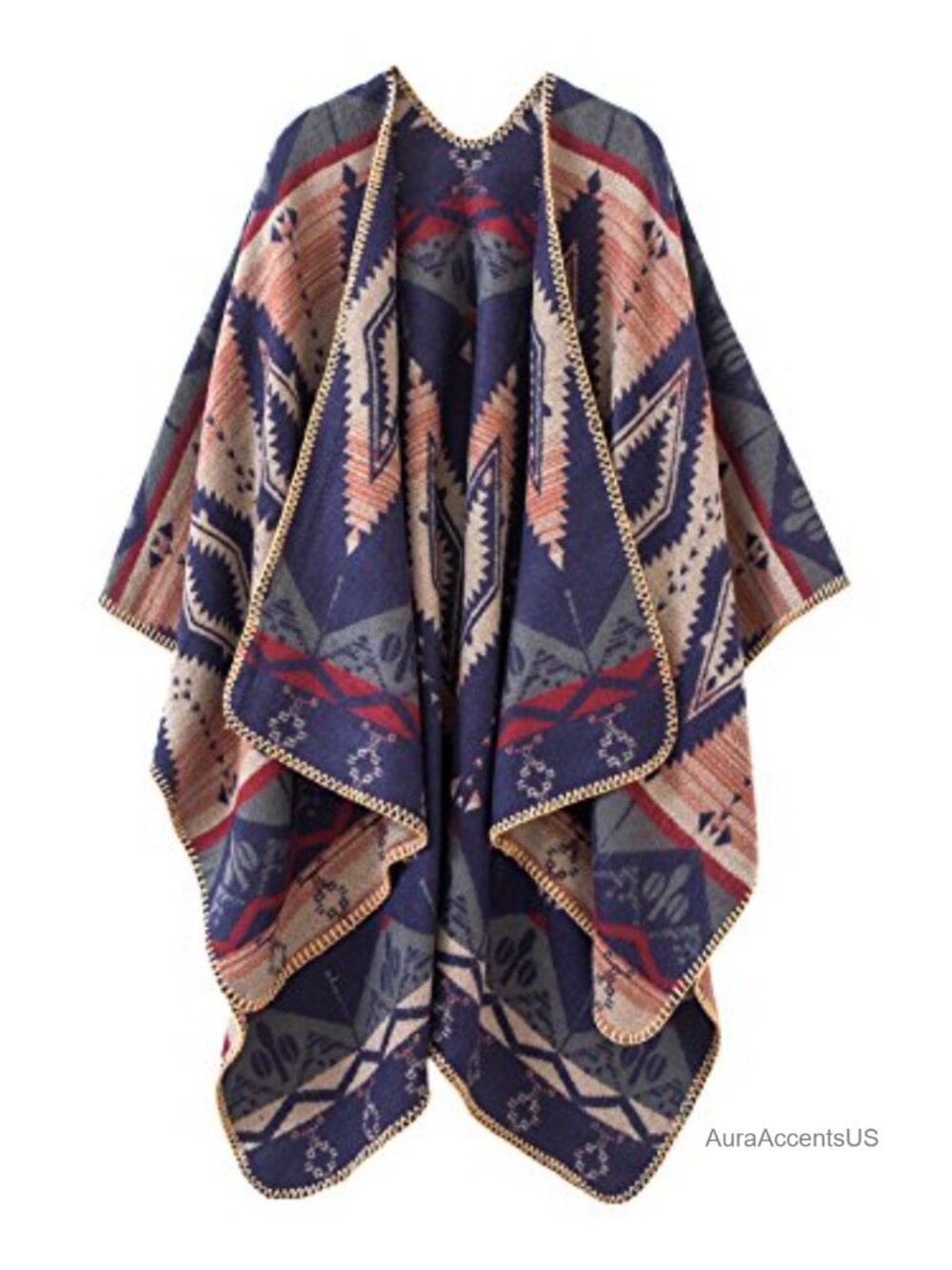Color Block Open Front Poncho Shawl Wrap Cape Ruana Reversible Whipstitch Detail